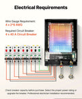 Electrical requirements diagram for Handles Heavy Duty Plumbing With This 36 Kw Tankless Electric Water Heater. Wire gauge details displayed.