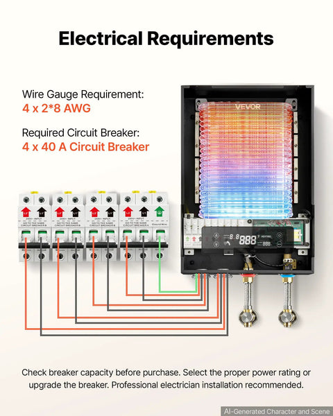 Electrical requirements diagram for Handles Heavy Duty Plumbing With This 36 Kw Tankless Electric Water Heater. Wire gauge details displayed.