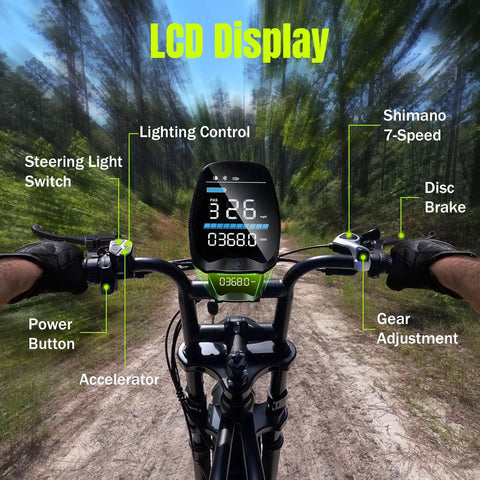 LCD display and handlebars of Powerful 1500W Peak Fat Tire Electric Mountain Bike For Adults All Terrain 20 Inch Wheels