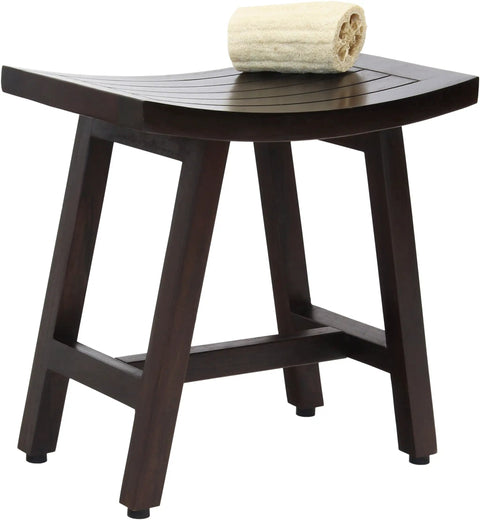 18-Inch Teak Shower Bench With Mocha Shield Finish For A Sturdy Spa Seat In Any Shower Waterproof Easy Mount Durable Teak Bath Furniture That Brings Luxe Bath Vibes Modern Shower Accessory Built To Last featuring a rolled towel on top. 