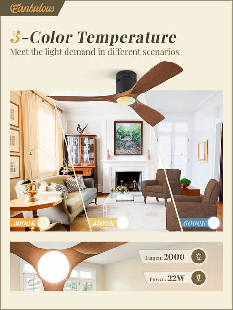 52 Inch Ceiling Fan With Lights And Remote Modern Flush Mount 3 Color Temperatures LEDs Quiet DC Motor 6 Speed Settings