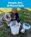 Child and dog with bucket applying Hb Sc Sf Beneficial Nematodes Kit for garden pest control outdoors