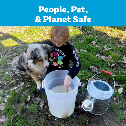 Child and dog with bucket applying Hb Sc Sf Beneficial Nematodes Kit for garden pest control outdoors