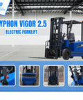 2025 Heavy Duty Electric Forklift 2.5 Ton Capacity Rock Solid Steel Chassis, front view in warehouse with smooth hydraulic controls.