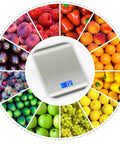 Pro Grade Ultra Precise Kitchen Scale For Cooking And Meal Prep With Easy Unit Conversion In Grams Ounces Milliliters And Kilograms, surrounded by colorful fruits