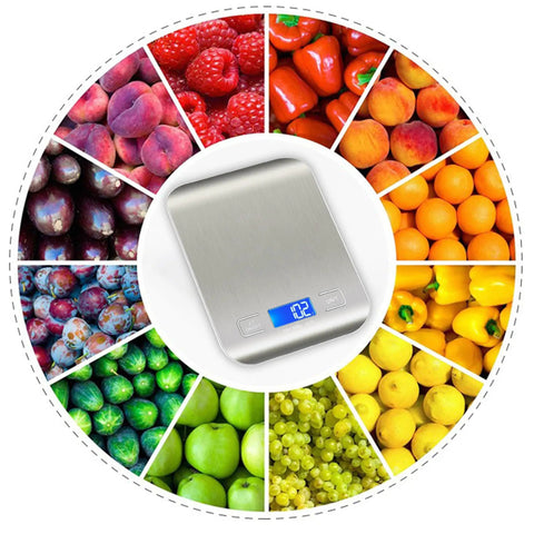 Pro Grade Ultra Precise Kitchen Scale For Cooking And Meal Prep With Easy Unit Conversion In Grams Ounces Milliliters And Kilograms, surrounded by colorful fruits
