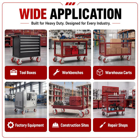 Heavy Duty Caster Wheels Set Of Four With Six Inch Pvc Treads Smooth Rollout Action shown on tool boxes and workbenches.