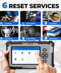 AD500 OBD2 Scanner displaying 6 reset services including SAS, BMS, and brake reset with maintenance menu screen visible