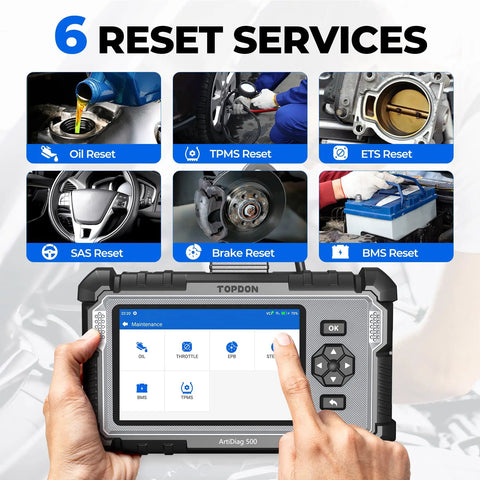 AD500 OBD2 Scanner displaying 6 reset services including SAS, BMS, and brake reset with maintenance menu screen visible
