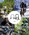 Beefy 2-Piston Hydraulic Disc Brakes Kit For Mountain Bikes, versatile use shown on mountain, fat, travel, and downhill bikes.