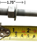 Close-up of Galvanized Anchor Bolts In 10 Inch By One Half Inch with measuring tape showing 1.75-inch, nut and washer visible.