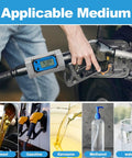 2 Inch Digital Turbine Flow Meter With LCD Display for diesel, gasoline, and water applications, showing 9.133 reading on screen.