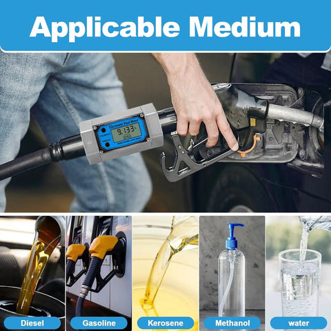 2 Inch Digital Turbine Flow Meter With LCD Display for diesel, gasoline, and water applications, showing 9.133 reading on screen.