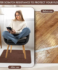 Woman sitting on chair over a Non Slip Recliner Pads For Hardwood Floors And Tile, Heavy Duty Anti Slip Grid Floor Protectors For Carpet, 40 By 40 Inch Brown.