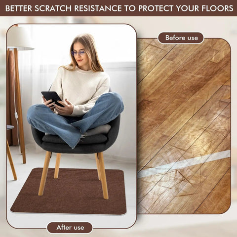 Woman sitting on chair over a Non Slip Recliner Pads For Hardwood Floors And Tile, Heavy Duty Anti Slip Grid Floor Protectors For Carpet, 40 By 40 Inch Brown.