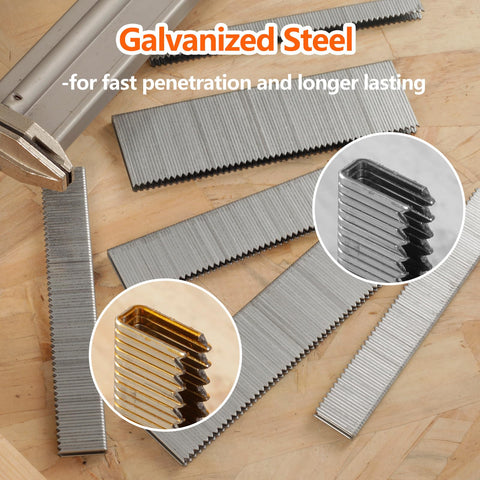 1000 Count 1/2 Inch 18 Gauge Narrow Crown Staples, Beveled Point Galvanized Heavy Duty Staples displayed with close-ups