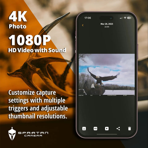 GoLive 4G LTE Trail Camera With Instant Live Streaming And Anti Theft GPS Tracking For Hunting And Wildlife Monitoring Super Crisp HD Video Real Time Updates And Hella Tough Build That Handles Rough Days Outside, showcasing 1080P HD video on smartphone.