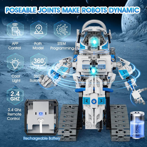 6 In 1 STEM Robot Building Kit with 780 Pieces showing space robot toy with poseable joints and remote control features