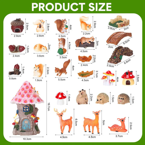 Size chart of the Totally Adorable Miniature Squirrel Garden Accessories Set with 19 pieces including resin squirrels, mushrooms, and more.