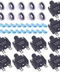 DC Push Button Reset Circuit Breaker Kit 30 Piece Assortment With Waterproof Button Caps And Quick Connect Terminals, 5A 10A 15A 20A 30A Overload Protectors For Auto And Marine Use displayed with electrical components.