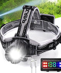 Rechargeable LED Headlamp 3000 Lumens With Zoomable Beam, 80 Hour Runtime, Digital Display, IPX6 Waterproof on white background