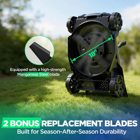 18 Inch Cordless Lawn Mower With 40V Self Propelled Power, 2x5.0Ah Batteries And Charger, Brushless Motor, 2 In 1 Mulching And Bagging, 6 Position Height Adjustment, Built For Small To Medium Yards, Gas Like Power Without The Fumes. Rear view with 18-inch manganese steel blade
