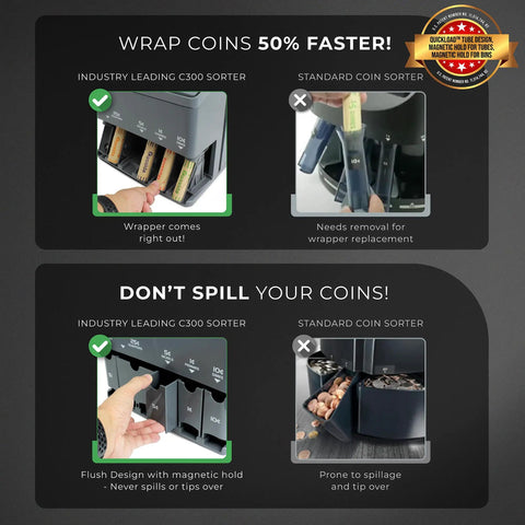 Comparison of Pro Grade Coin Counter And Sorter With Wrapper Roller, High Speed 300 Coins Per Minute, flush design vs standard sorter