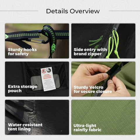Details of the 3 In 1 Camping Hammock Tent With Mosquito Net And Rain Fly, including hooks, zipper, velcro, and rainfly fabric.
