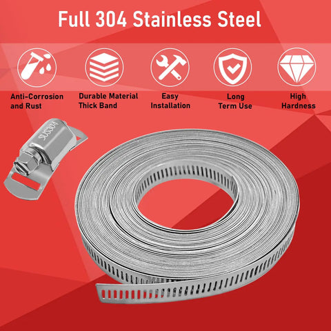 Hose Clamps Assortment Kit For DIY Projects 304 Stainless Steel 32.8 Ft Metal Straps With 12 Extra Strong Fasteners