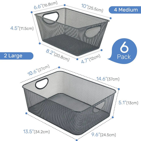 Six Pack Wire Storage Baskets Set, Durable Metal Mesh Organizers In Gray For Kitchen, Laundry, Garage, Fridge And Bath, Two Sizes Perfect For Cabinets, Shelves, And Pantry Organization
