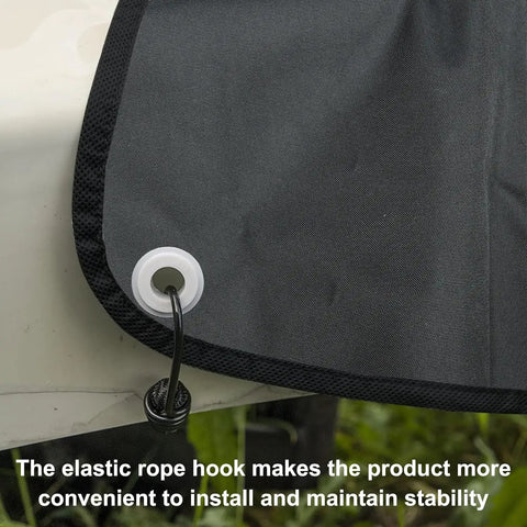 Elastic rope hook detail on Heavy Duty Tow Hitch Cover All Weather Waterproof Shield For Camper And Caravan Fits Most Trailers Black Premium Oxford Material With PU Coating Keeps Your Ride Clean And Built To Last 34 Inch By 24 Inch