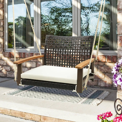 One Person Outdoor Porch Swing With Metal Frame And Soft Cushioned Seat Wicker Style Chair Ropes And Hooks Included PE Rattan Swing