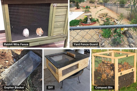 Varied uses of Beefy 36x50 Hardware Cloth One Quarter Inch 23Ga Welded Wire Mesh for rabbit coops, yard fences, and compost bins.