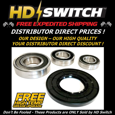 Heavy Duty Front Load Washer Tub Bearing And Seal Rebuild Kit For Epic Performance Series With High Speed C3 Upgrade and Heat Resistant Synthetic Grease displayed with bearings and seals.