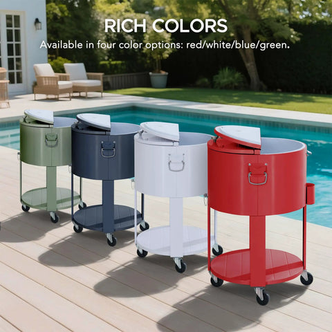 Four 60 Quart Rolling Ice Chest Cooler Carts for Patio and Party, White featured, with bottle opener and shelf, by poolside.