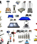 Collage of industrial weighing equipment including 15 Foot Scale Indicator Cable For PS IN202 With 4 Pin Connector and platforms