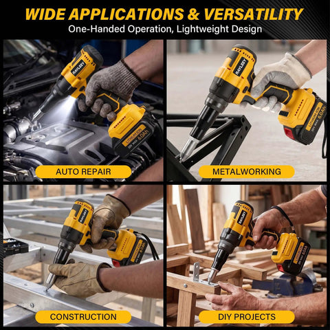 Real Deal Brushless Cordless Rivet Gun Built Tough For Pro Contractors Who Want A Smooth Operator Power Tool used in auto repair and metalworking.