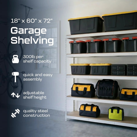 Slick Modular Garage Shelving Rack Featuring Five Heavy Duty Steel Shelves And Bright White Finish Zero Sweat Assembly Top Shelf Home Storage Organizer 18 By 60 By 72 Inches