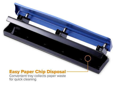 Office Premium 3 Hole Punch That Handles 12 Sheets, showing easy clean chip tray with metal body and rubber base for stability.