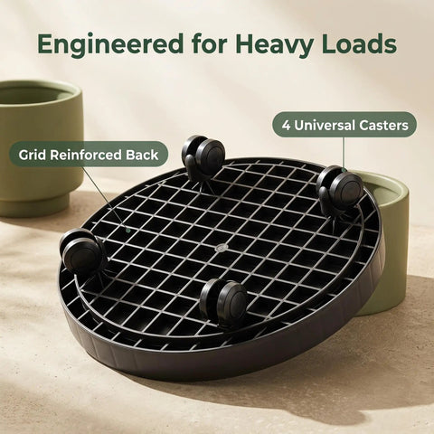 Heavy Duty Plant Caddy With Ultra Smooth Rollers, 14 Inch Round Planter Saucer, 4 casters and grid reinforced back.