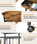Features of Microwave Stand With Wheels 6-Tier Rolling Cart including drawer, tabletop, wheels, hooks in rustic brown.
