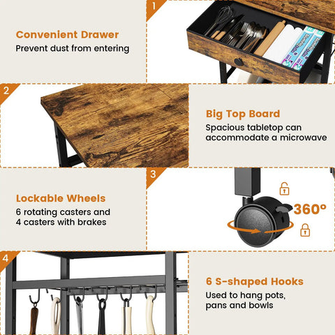 Features of Microwave Stand With Wheels 6-Tier Rolling Cart including drawer, tabletop, wheels, hooks in rustic brown.