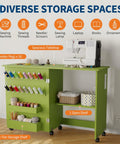 Slick Fold Up Sewing Table With Built In Charging Port And Smooth Rolling Lockable Wheels Nifty Storage Trays and pegs, featuring a spacious tabletop and diverse storage.