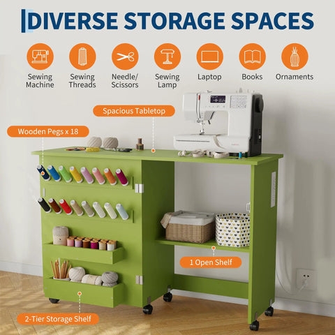 Slick Fold Up Sewing Table With Built In Charging Port And Smooth Rolling Lockable Wheels Nifty Storage Trays and pegs, featuring a spacious tabletop and diverse storage.