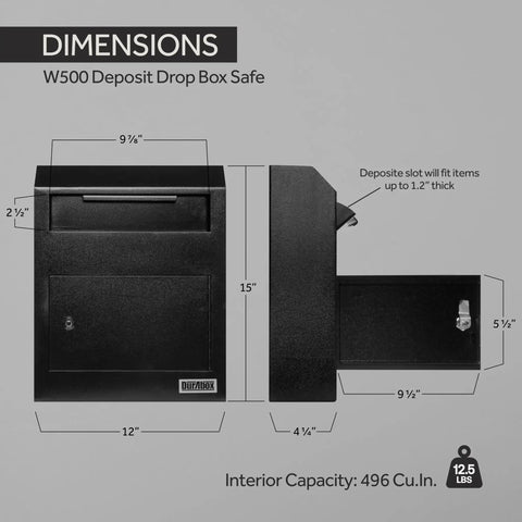 Beefy Heavy Duty Steel Wall Mount Drop Box Deposit Safe 12 By 4 By 15 Inches dimensions and locking feature displayed