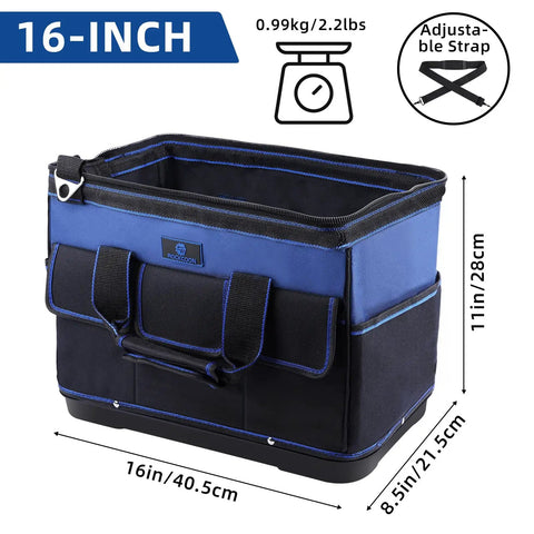 Heavy Duty Tool Tote Bag With Waterproof Plastic Base 16 Inch Multi Pocket Organizer With Shoulder Strap in black and blue