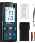 328Ft Laser Distance Meter With Ft In M Switch Dual Bubble Levels Auto Calibration Large Backlit Lcd displayed with user manual and accessories.