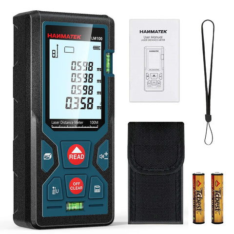 328Ft Laser Distance Meter With Ft In M Switch Dual Bubble Levels Auto Calibration Large Backlit Lcd displayed with user manual and accessories.