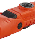 Orange firefighter LED helmet light with 180 degree articulating head and dual beam output, rugged design, hands-free use.