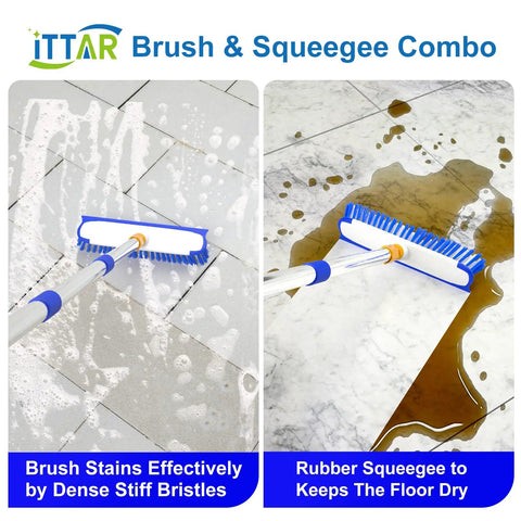 Extendable Floor Scrub Brush 12 Inch Wide Heavy Duty Grime Busting Two In One Scrub And Squeegee Deck Brush cleaning tile floor with water and dirt
